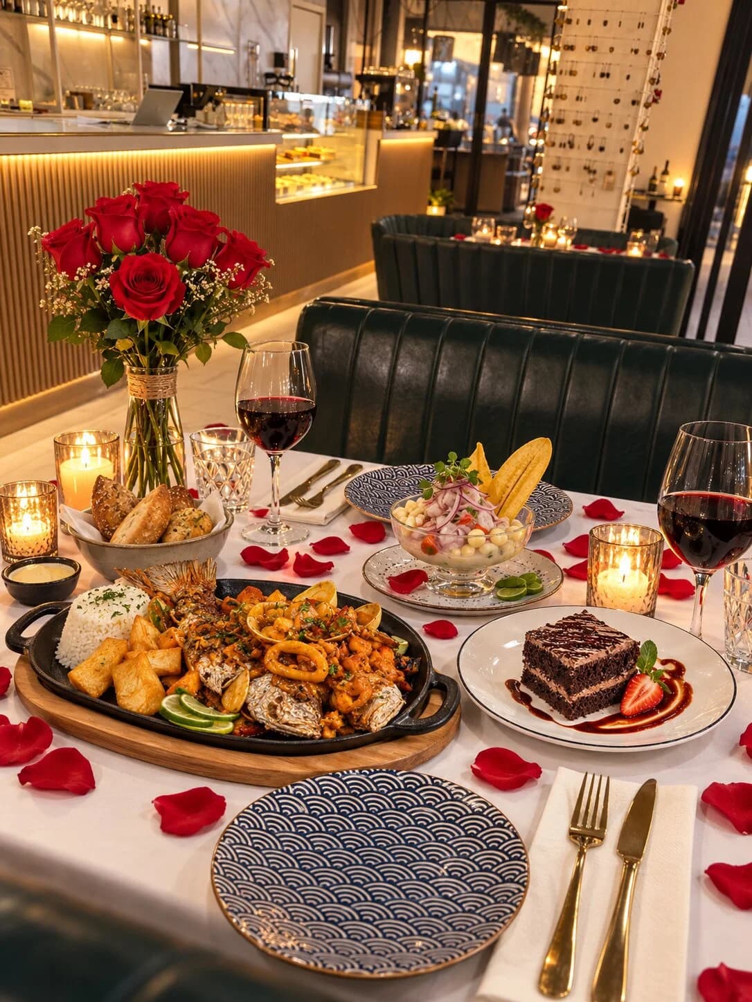 Mesa romántica decorada en el interior de More Amore