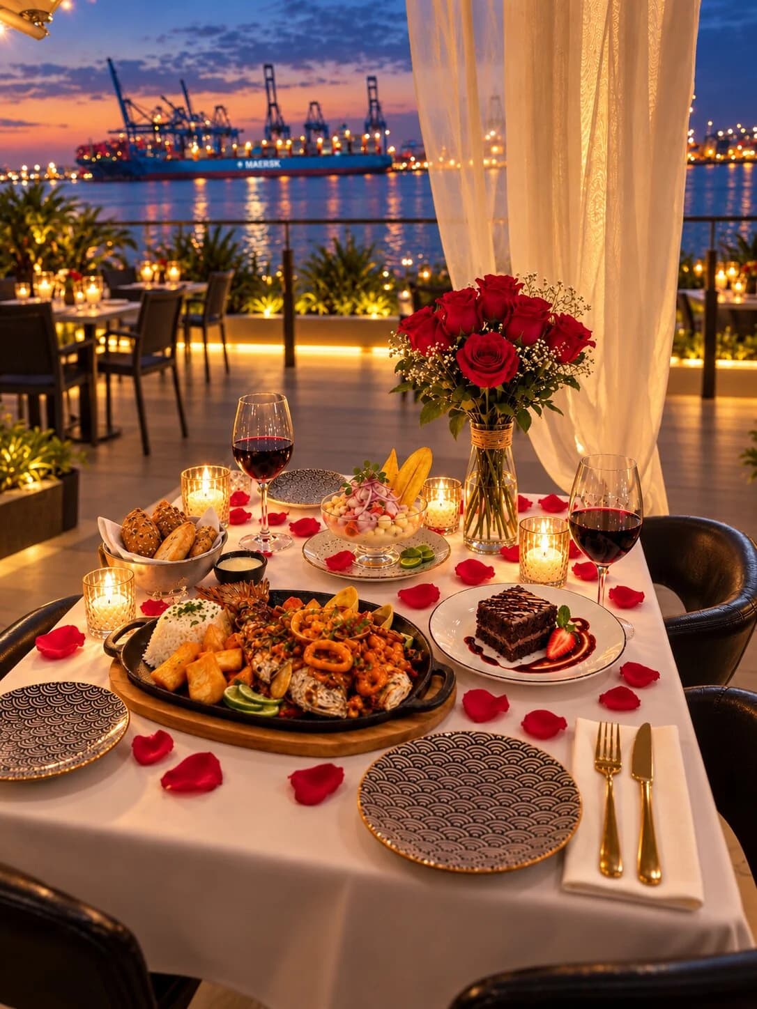 Mesa romántica en terraza frente al puerto de Colón